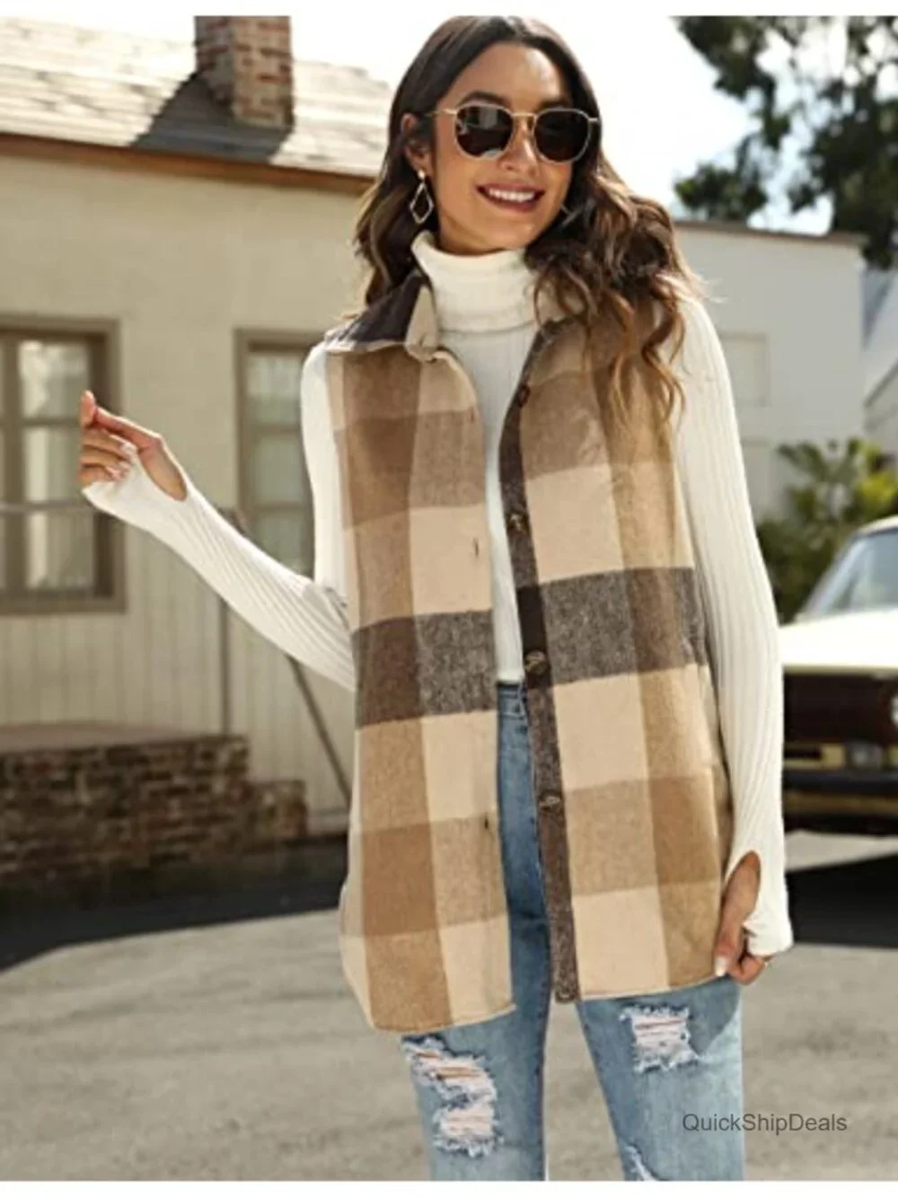 Womens Plaid Vest Sleeveless Brushed Cotton Flannel Shacket Jacket with Pockets